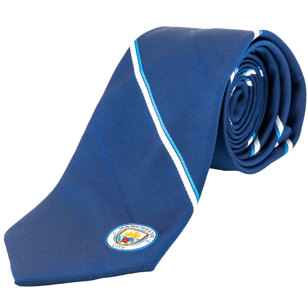 Navy Blue and White Striped Manchester City FC Embroidered Tie