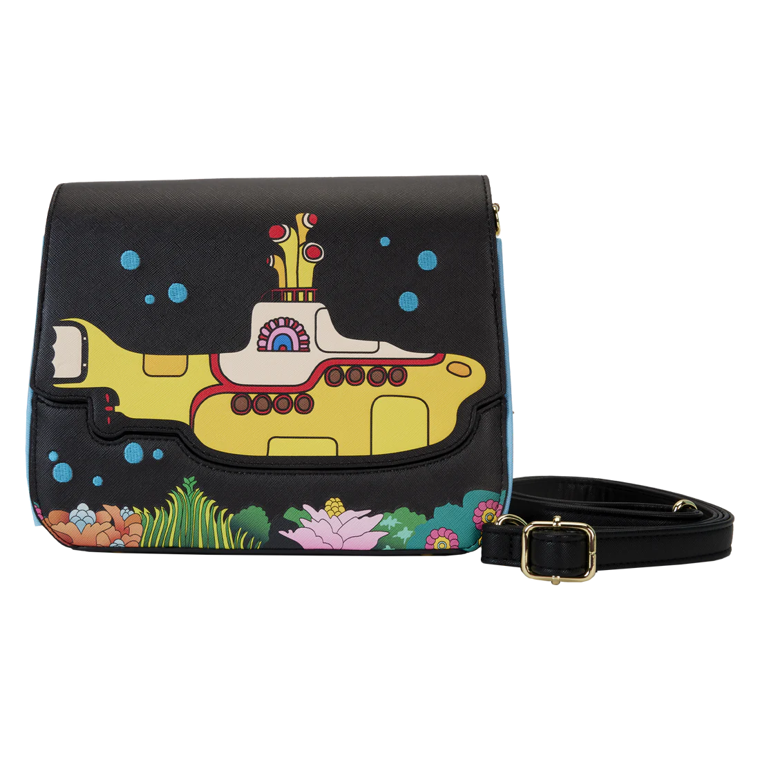 Loungefly Brand The Beatles Inspired Yellow Submarine Design Flap Pocket Crossbody Fashion Bag for Daily Use