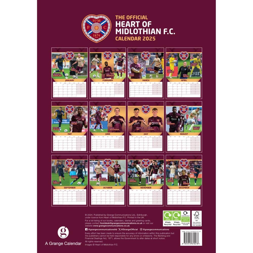 2025 Hearts FC A3 Wall Calendar with Favorite Players