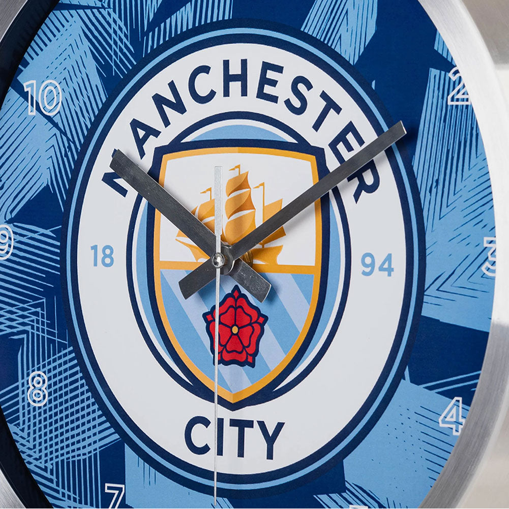 Blue Geometric Design Metal Wall Clock with Manchester City Crest