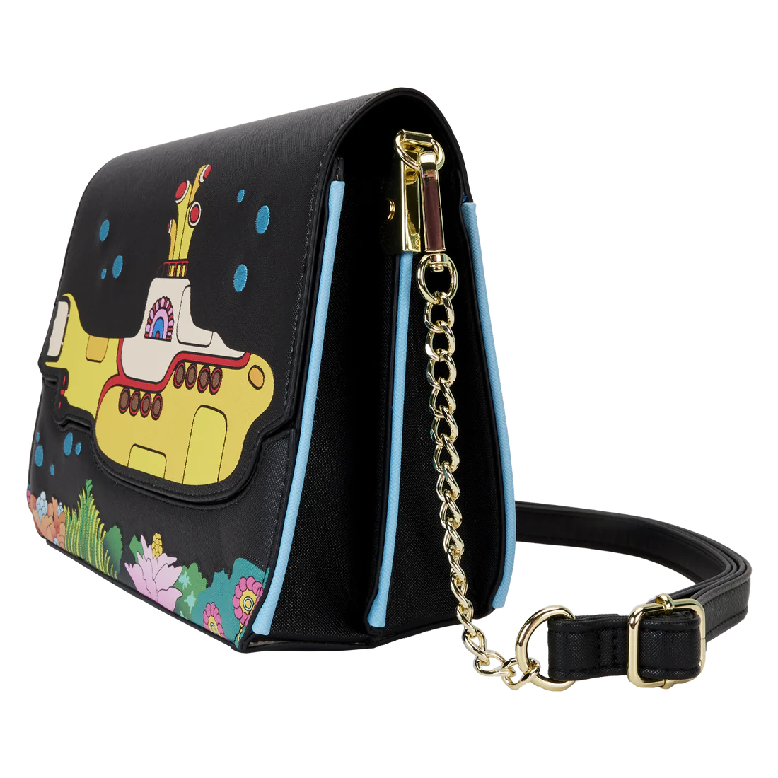 Loungefly Brand The Beatles Inspired Yellow Submarine Design Flap Pocket Crossbody Fashion Bag for Daily Use