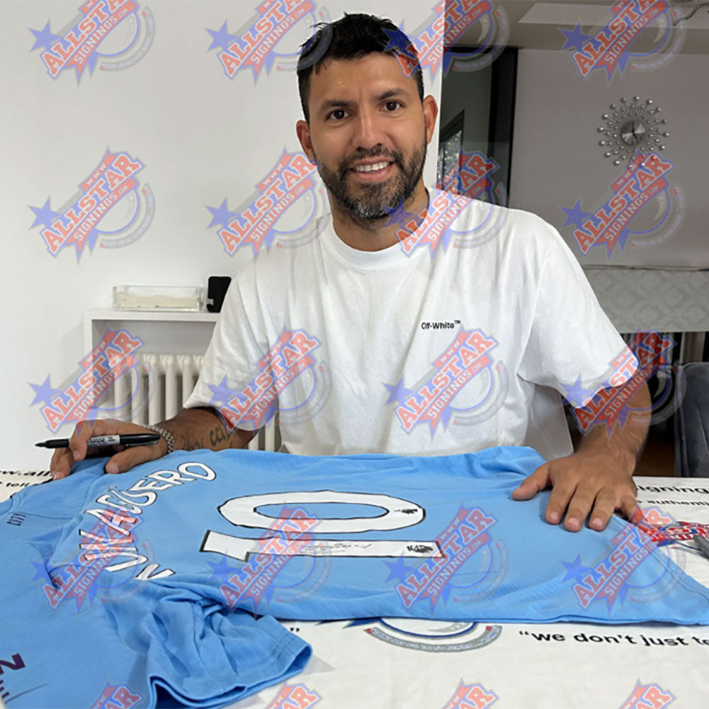 Framed Manchester City FC Sergio Aguero Autographed Replica Shirt from 2019 - 2020 Season