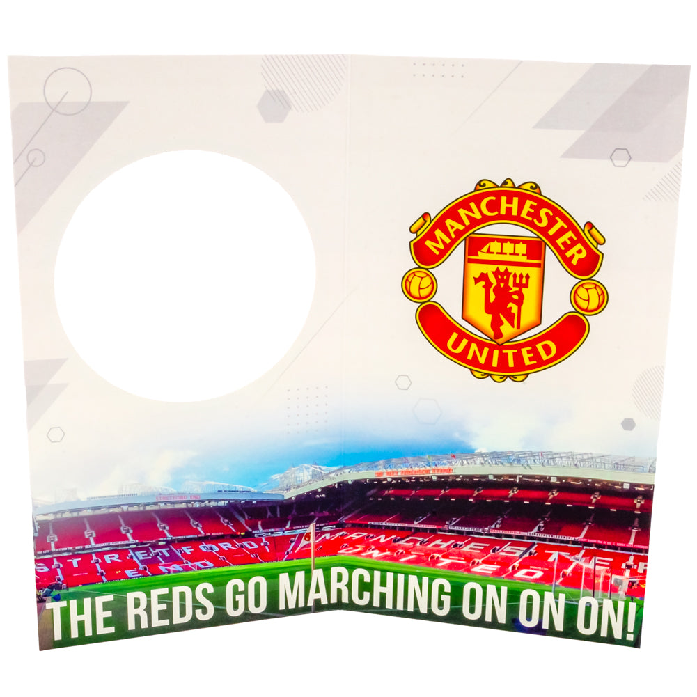 Manchester United Football Club Colorful Gloss Finish Fold-Out Birthday Greeting Card with Glory Glory Slogan