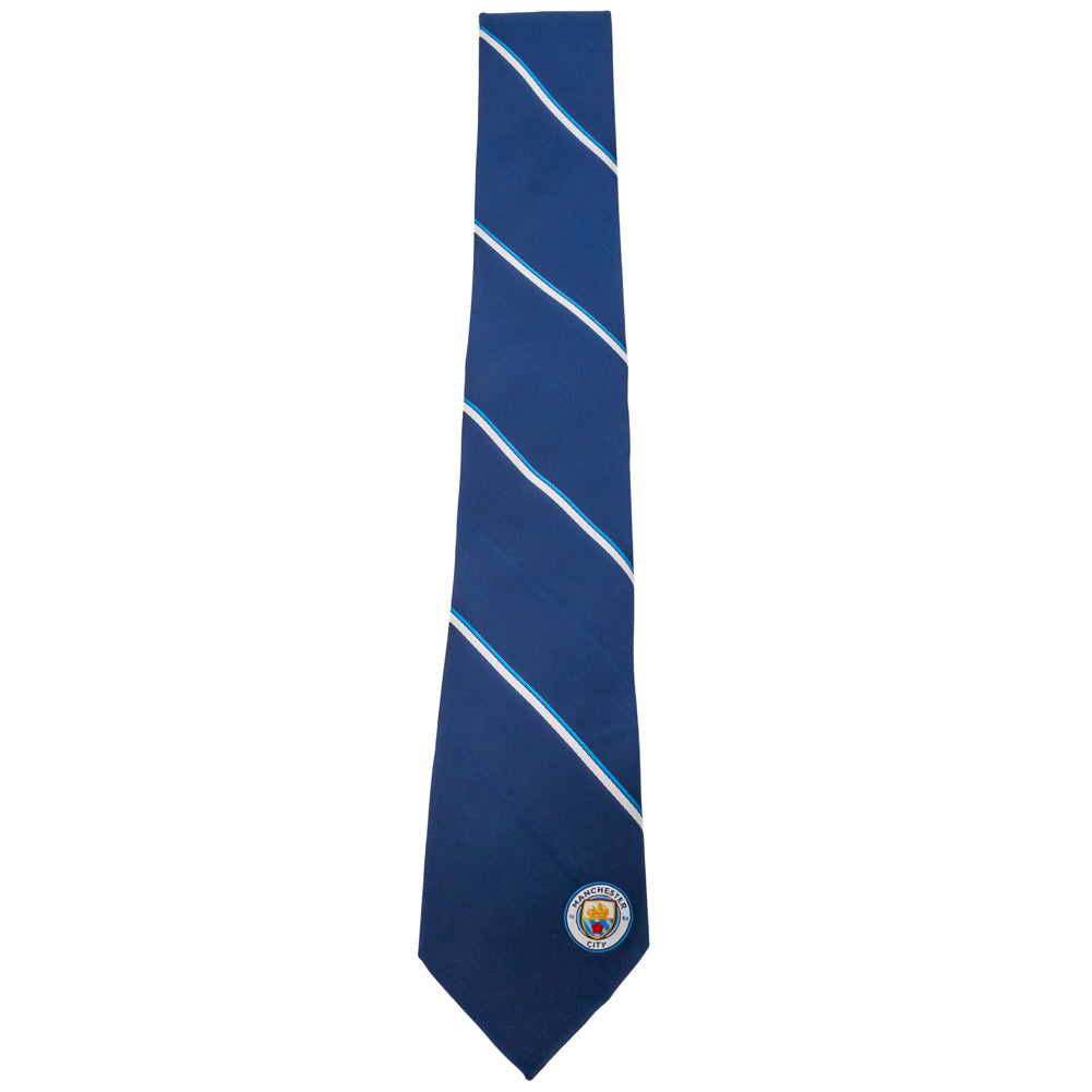 Navy Blue and White Striped Manchester City FC Embroidered Tie