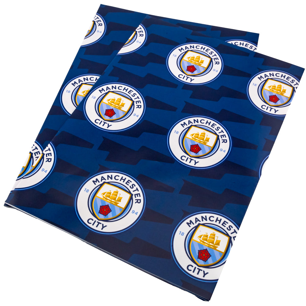 Vibrant Manchester City FC Blue Text Gift Wrap with Crest Tags