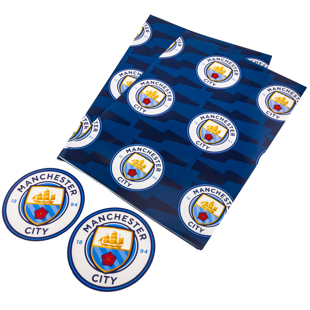 Vibrant Manchester City FC Blue Text Gift Wrap with Crest Tags