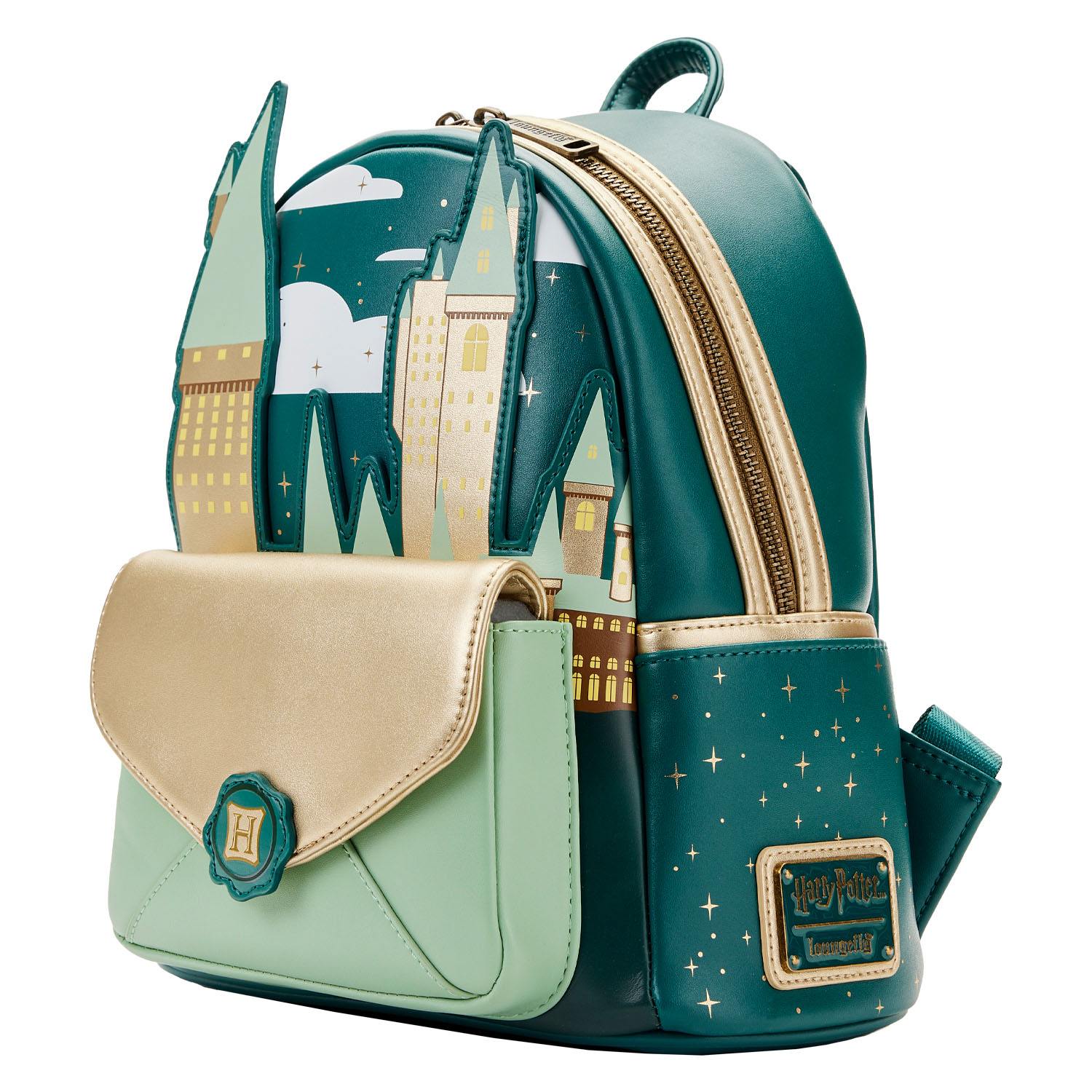 Loungefly Branded Harry Potter Themed Golden Hogwarts Castle Design Mini Backpack for Fans