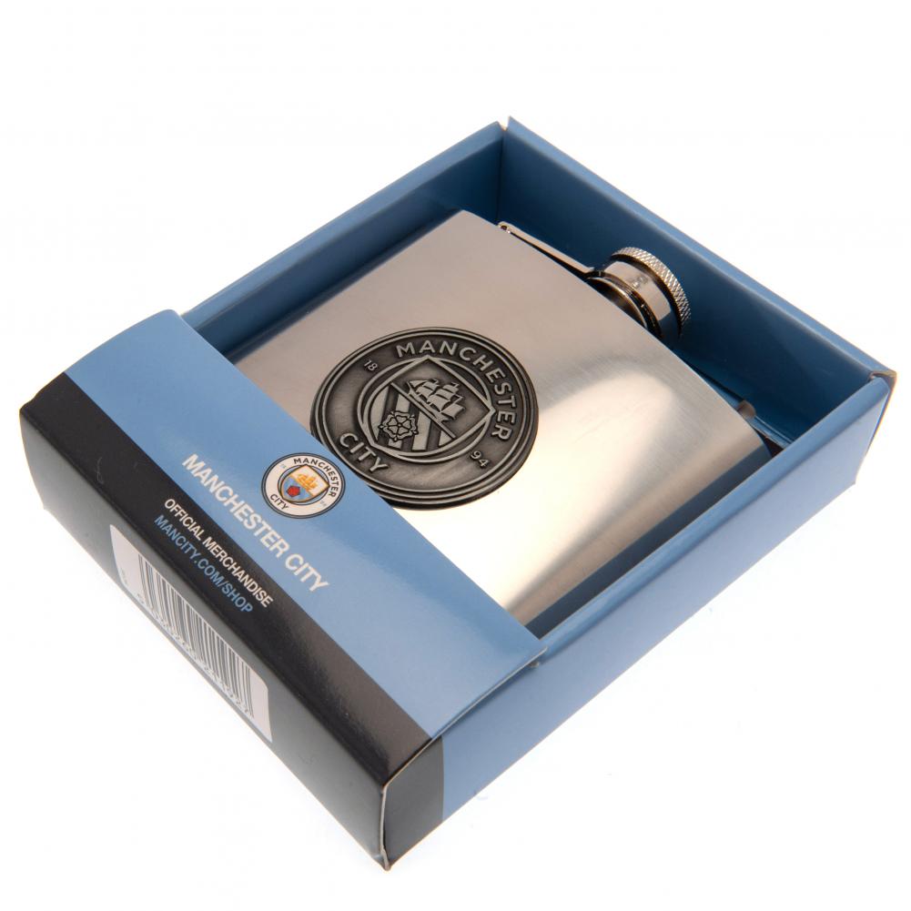 6oz Stainless Steel Manchester City FC Hip Flask with Antique Badge