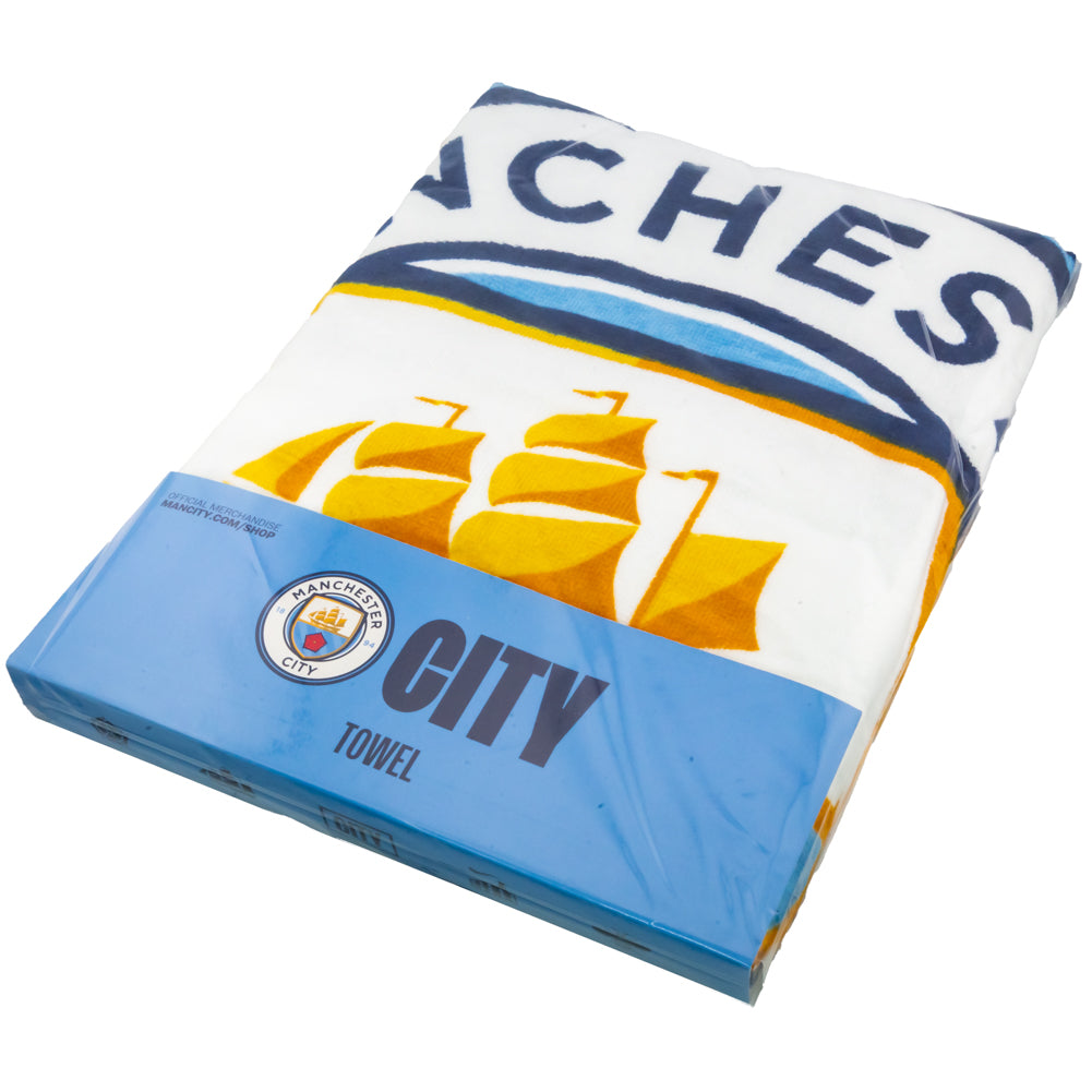 Soft 100% Cotton Velour Manchester City FC Beach Towel with Large Crest