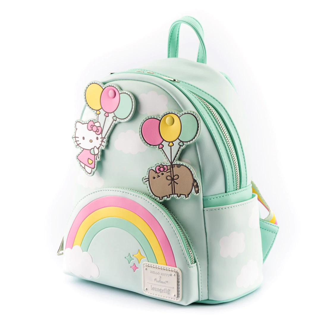 Loungefly Mini Backpack Featuring Pusheen and Hello Kitty with Balloons and Rainbow Design