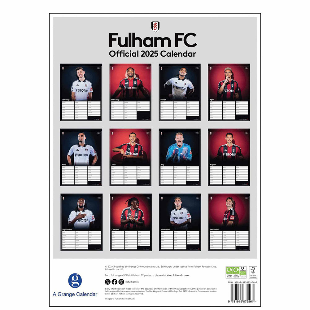 2025 A3 Wall Calendar Showcasing Favourite Fulham Football Club Players