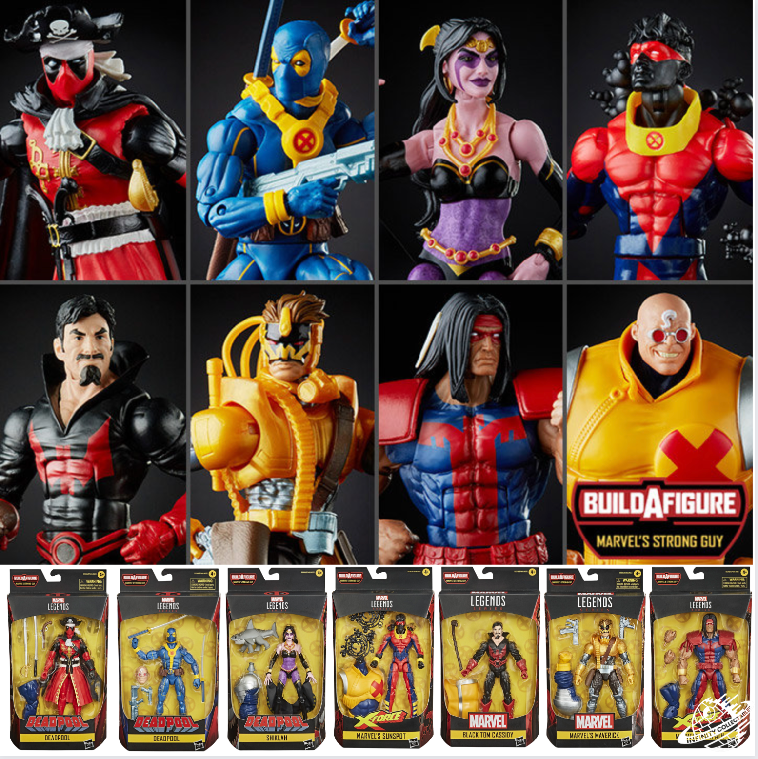 Marvel Legends Action Figures Series - Complete Build-A-Figure Bundle of 8 with Deadpool and Strong Guy Parts