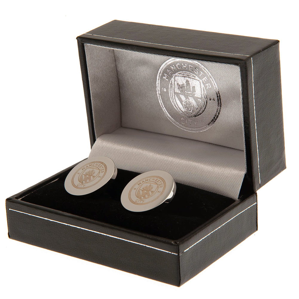 Chrome - Finished Stainless Steel Round Cufflinks with Manchester City FC Crest