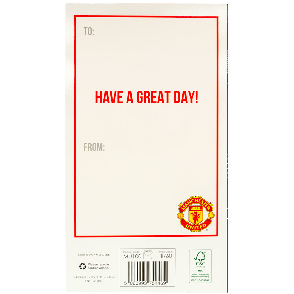 Manchester United Football Club Colorful Gloss Finish Fold-Out Birthday Greeting Card with Glory Glory Slogan
