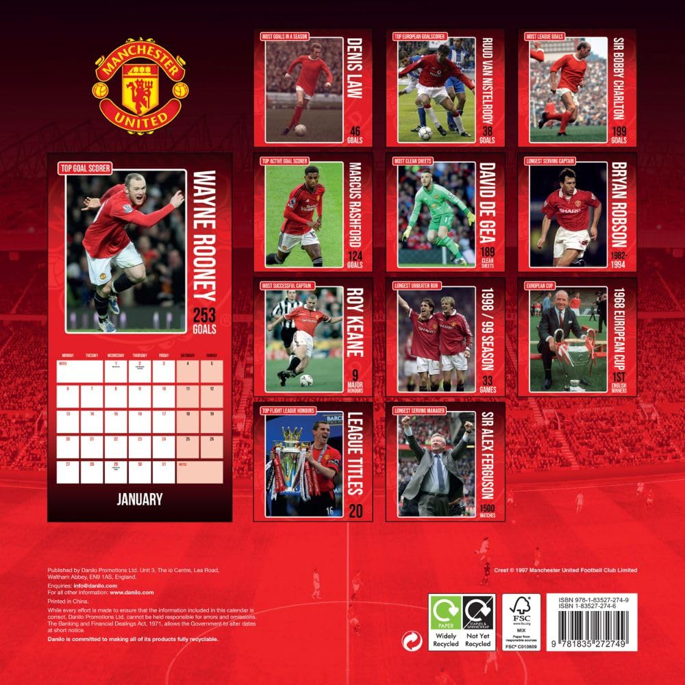 2025 Manchester United Football Club Legends Square Wall Calendar