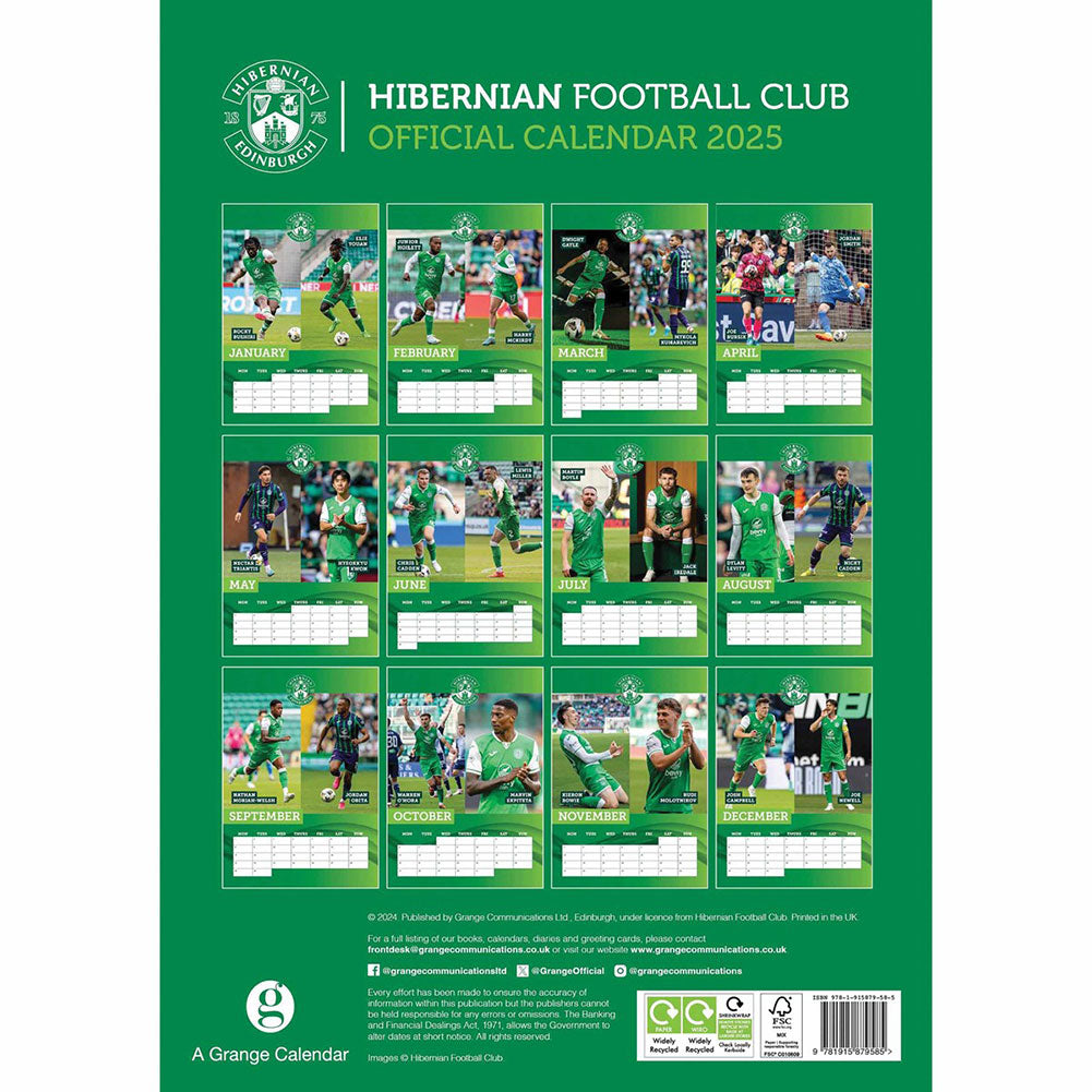 2025 A3 Wall Calendar Showcasing Favourite Hibs FC Players