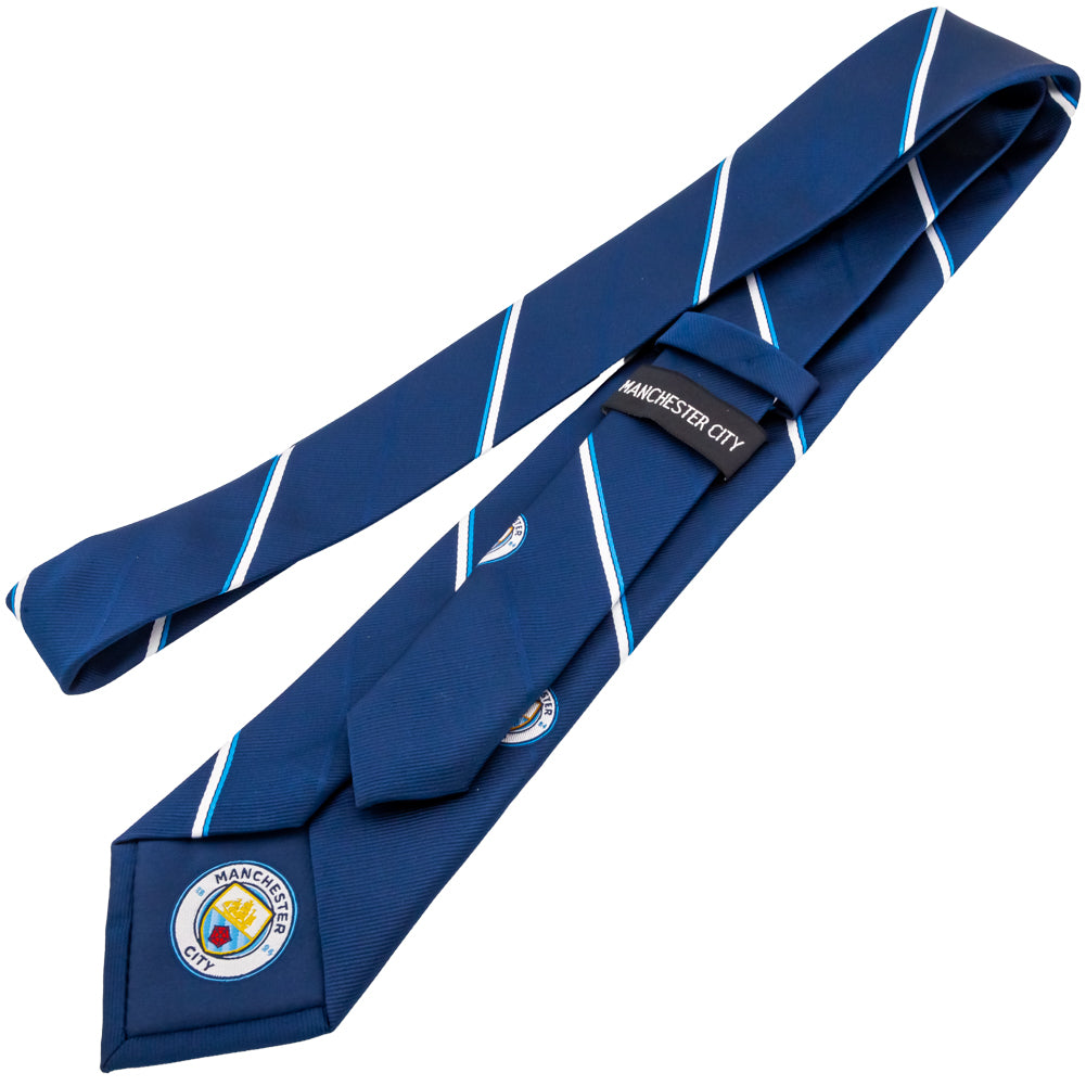 Navy Blue and White Striped Manchester City FC Embroidered Tie