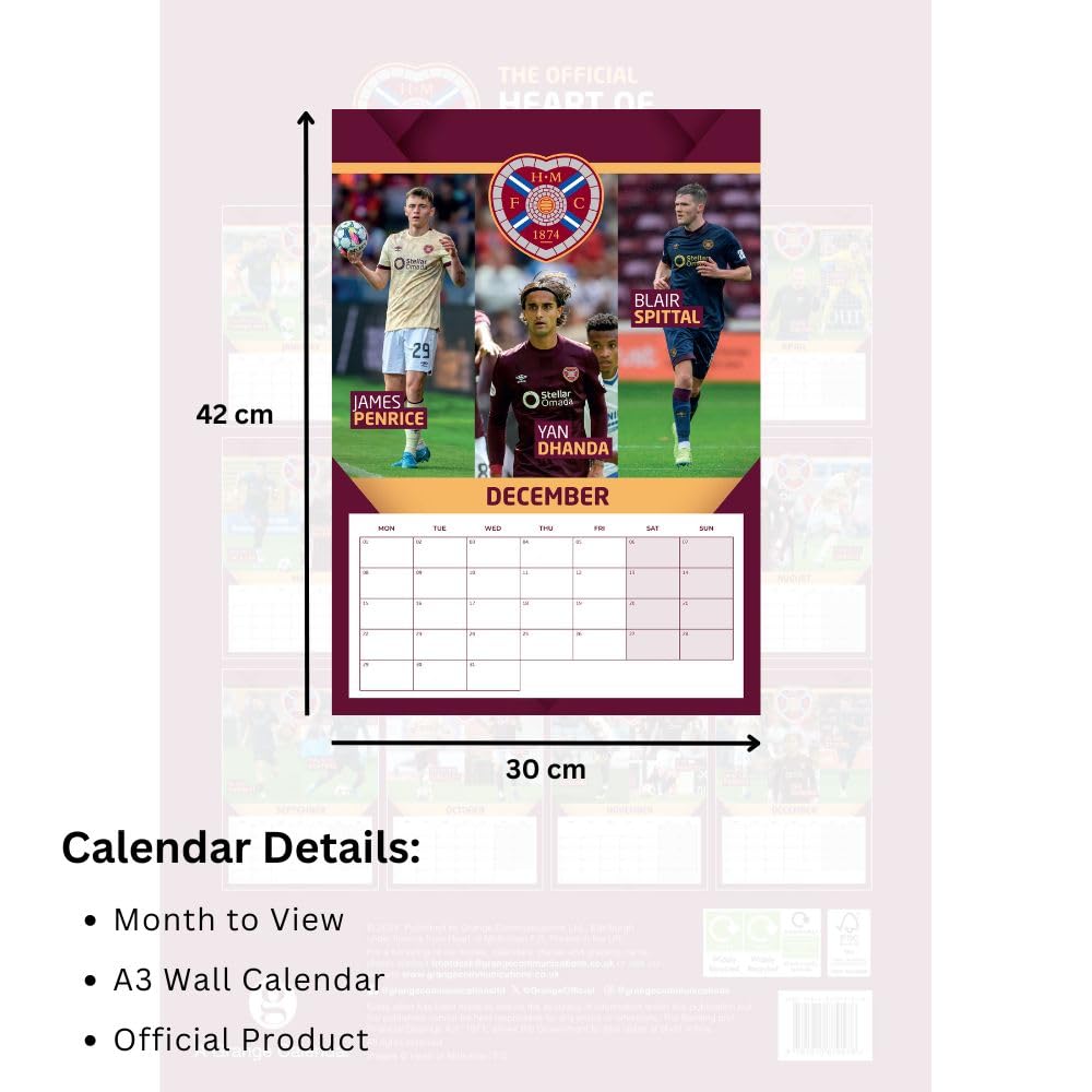 2025 Hearts FC A3 Wall Calendar with Favorite Players
