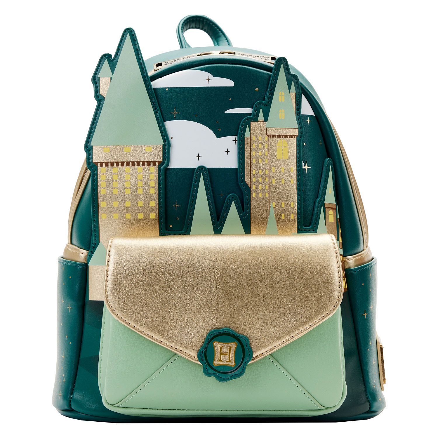 Loungefly Branded Harry Potter Themed Golden Hogwarts Castle Design Mini Backpack for Fans