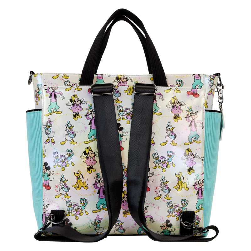 Loungefly Disney100 Mickey & Friends All-Over Print Iridescent Convertible Tote Bag for Celebratory Outings