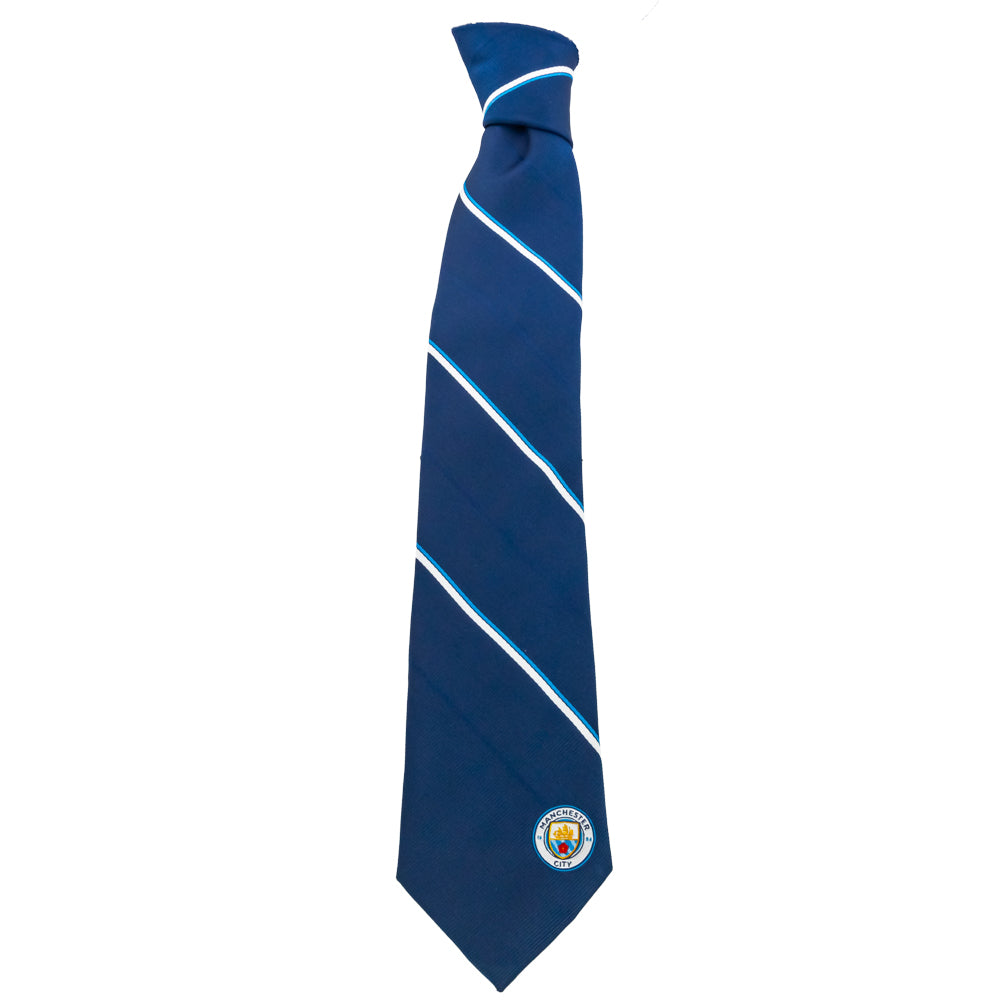 Navy Blue and White Striped Manchester City FC Embroidered Tie