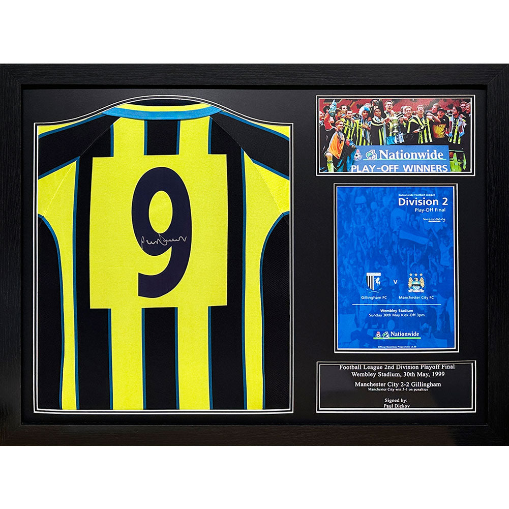 Framed 1999 Manchester City FC Retro Replica Shirt Hand-Signed by Paul Dickov