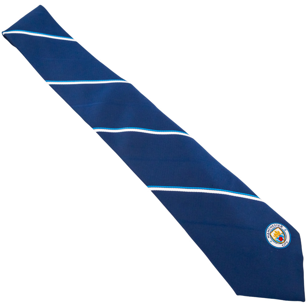 Navy Blue and White Striped Manchester City FC Embroidered Tie