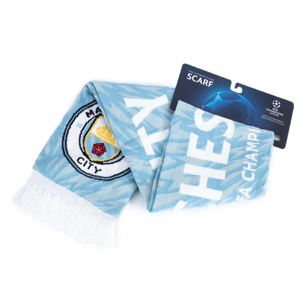 Sky Blue Jacquard Knit UCL Scarf Featuring Manchester City FC Logo