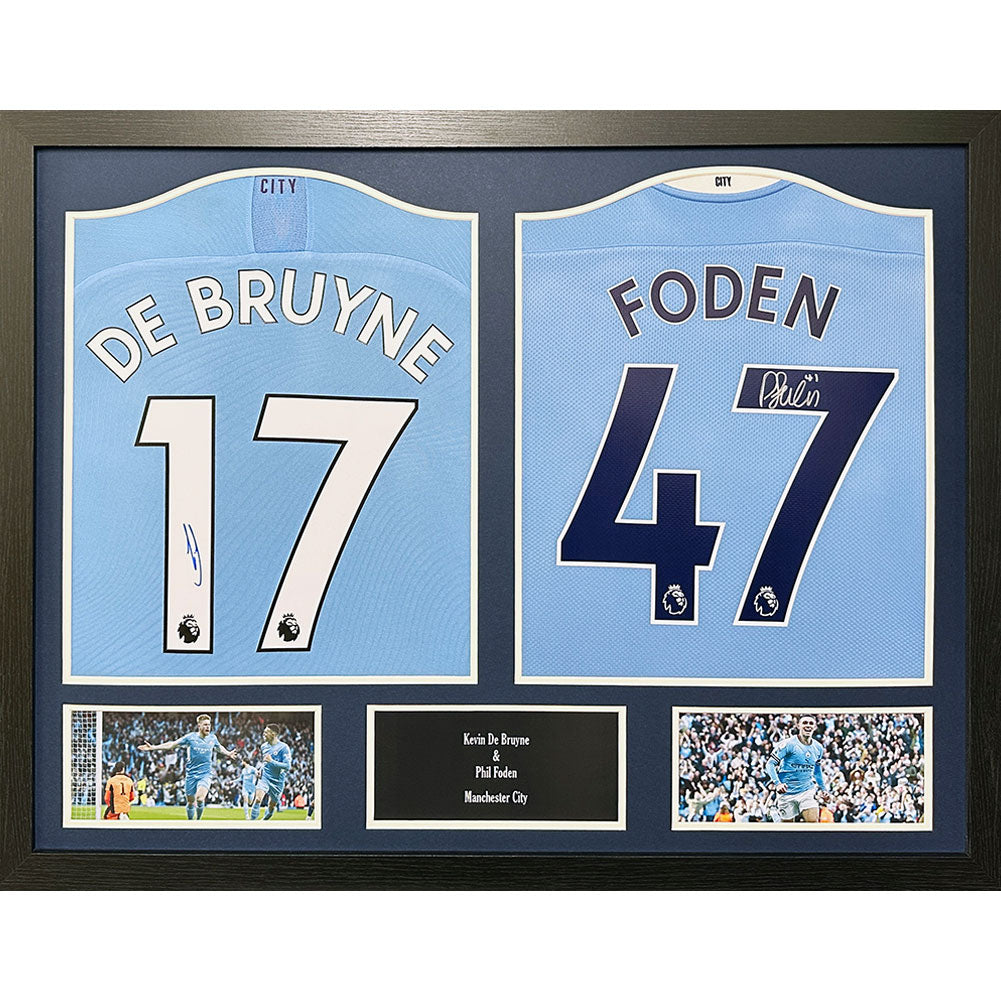 Authentic Dual - Framed Manchester City FC Shirts Signed by Kevin De Bruyne and Phil Foden