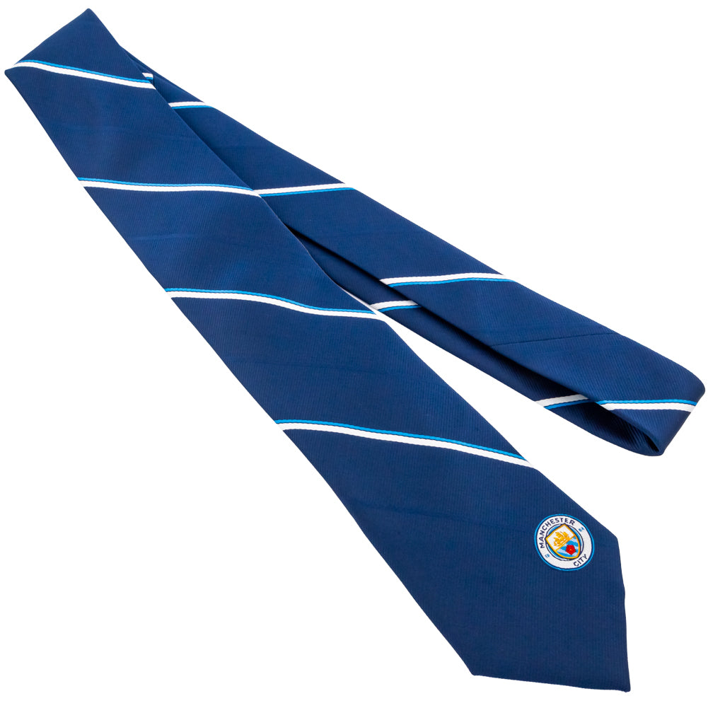 Navy Blue and White Striped Manchester City FC Embroidered Tie