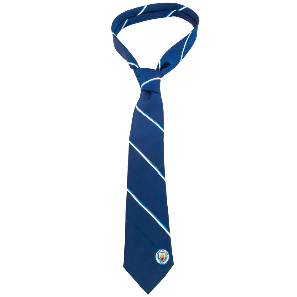 Navy Blue and White Striped Manchester City FC Embroidered Tie
