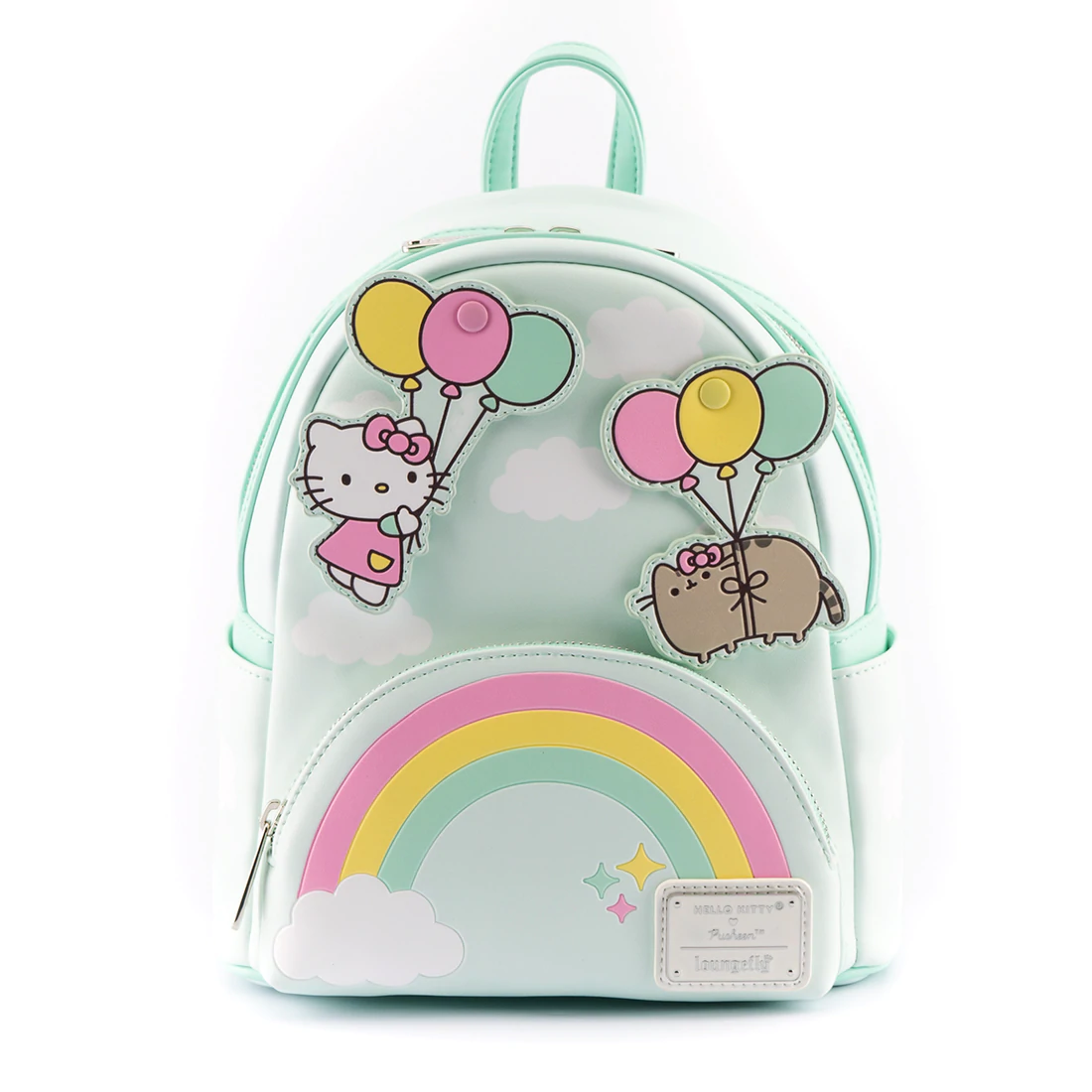 Loungefly Mini Backpack Featuring Pusheen and Hello Kitty with Balloons and Rainbow Design