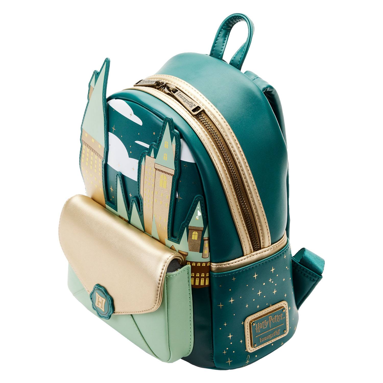 Loungefly Branded Harry Potter Themed Golden Hogwarts Castle Design Mini Backpack for Fans