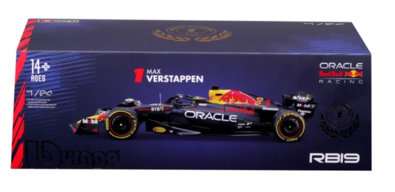 Formula 1 Red Bull Racing RB19 Max Verstappen Authentic Die - cast Collectible Model with Mini Helmet F1 Replica in 1:24 Scale
