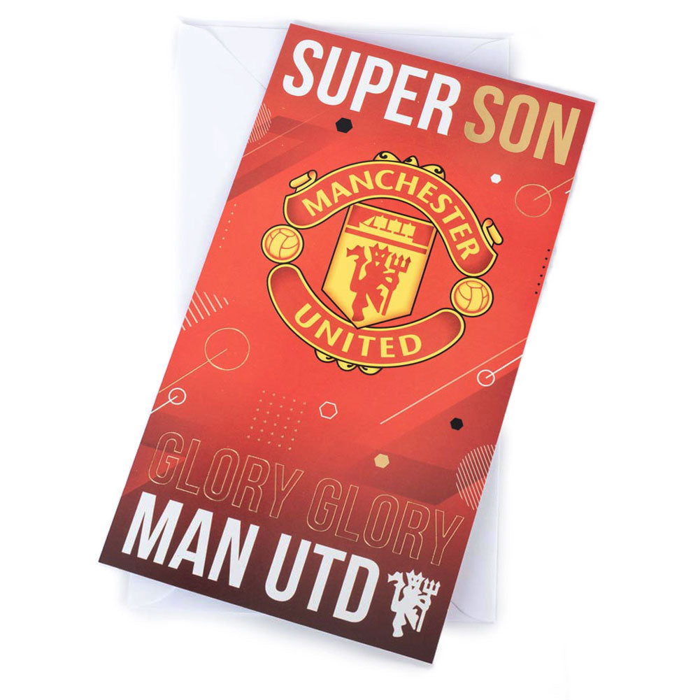 Manchester United Super Son Birthday Card with Stunning Red Gloss Finish