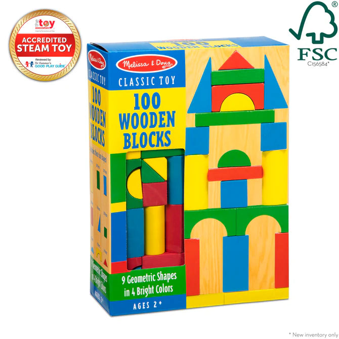 100-Piece Smooth Wooden Building Blocks in 4 Colors and 9 Shapes