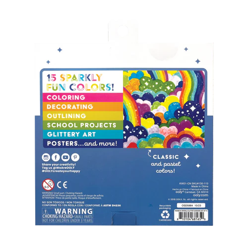Set of 15 Rainbow Sparkling Glitter Coloring Markers for Creative Drawing
