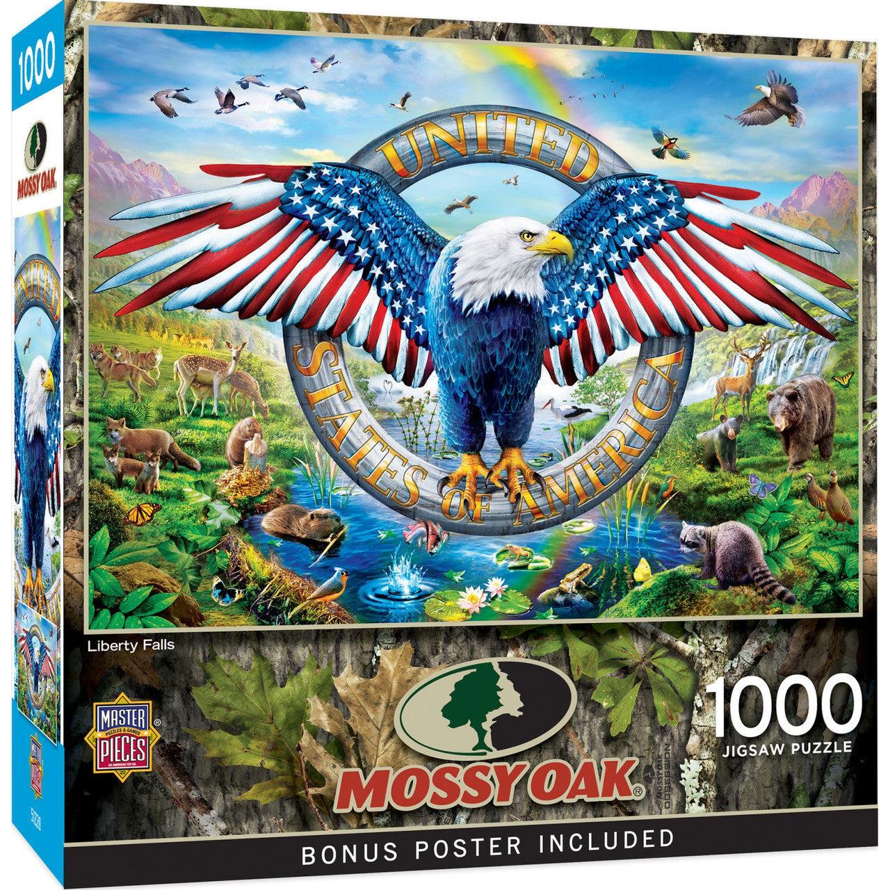Mossy Oak Liberty Falls 1000-Piece Jigsaw Puzzle with Red, White, and Blue Eagle Design