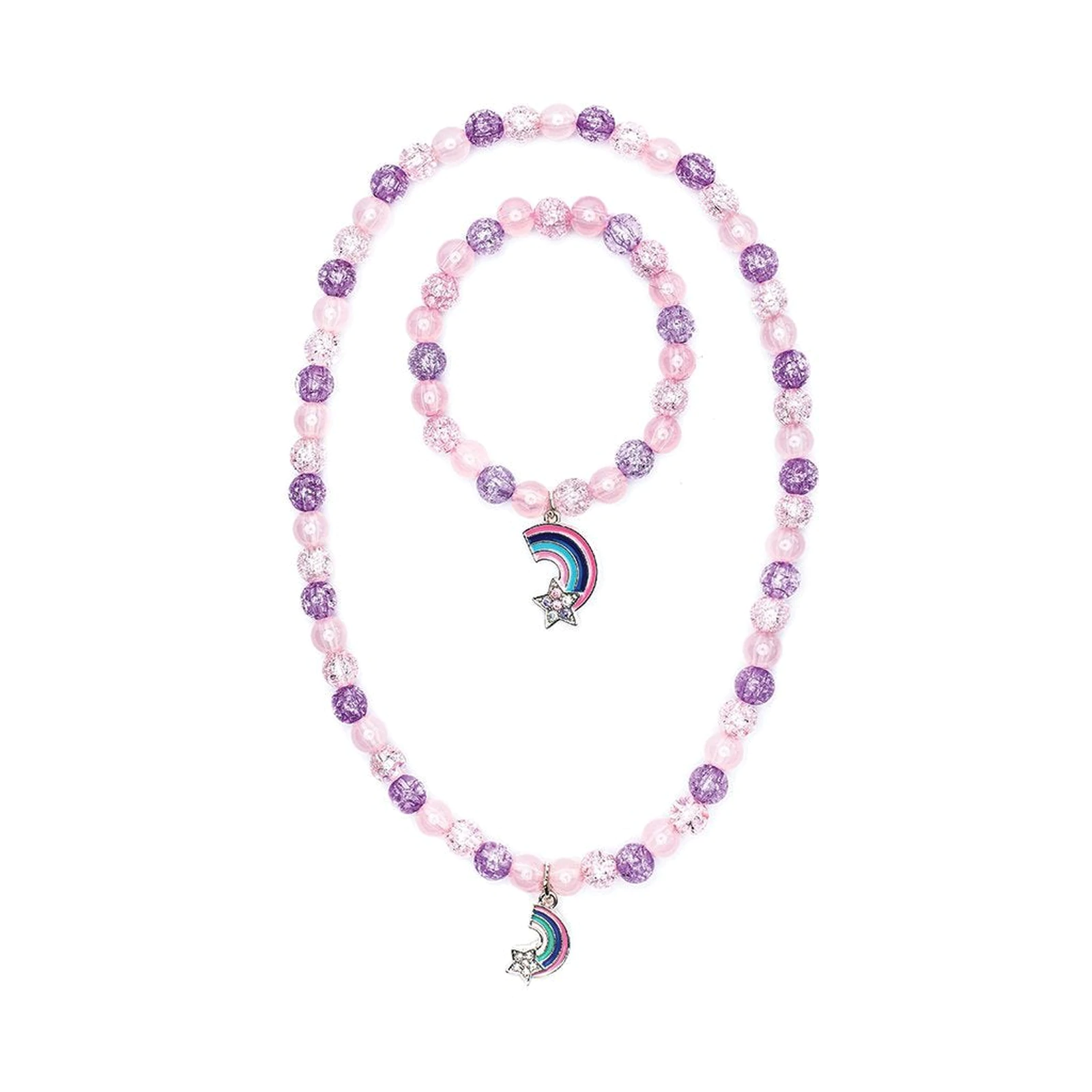 Stunning Purple Beaded Necklace and Bracelet Set with Rainbow and Bedazzled Star Charm