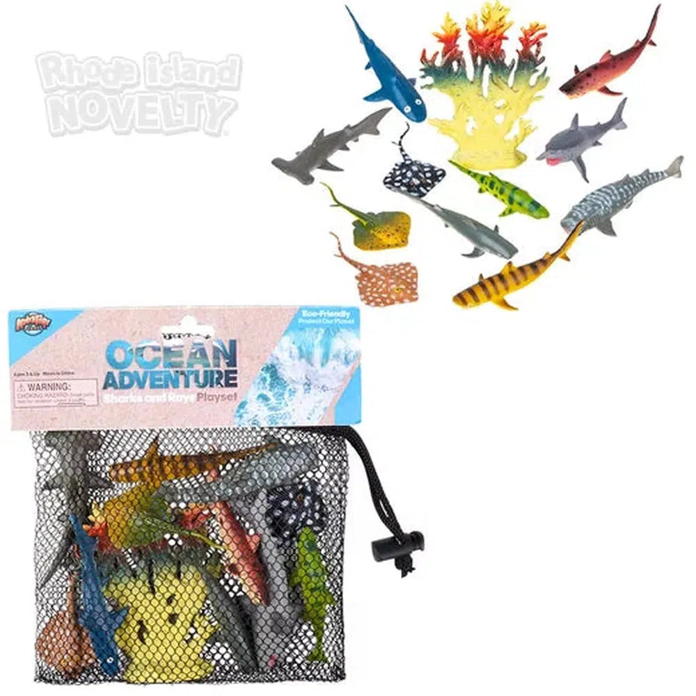 12-Piece Play Set of Shark and Ray Figurines in Mesh Bag
