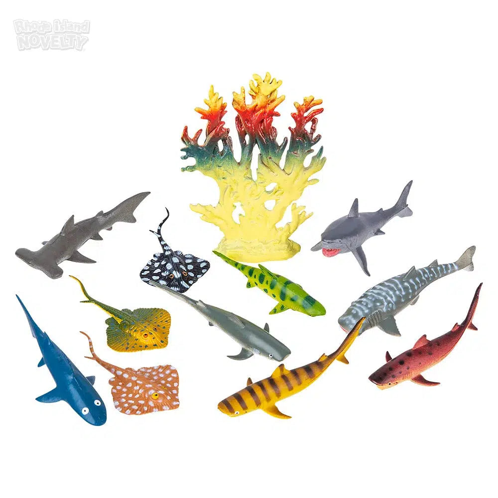 12-Piece Play Set of Shark and Ray Figurines in Mesh Bag