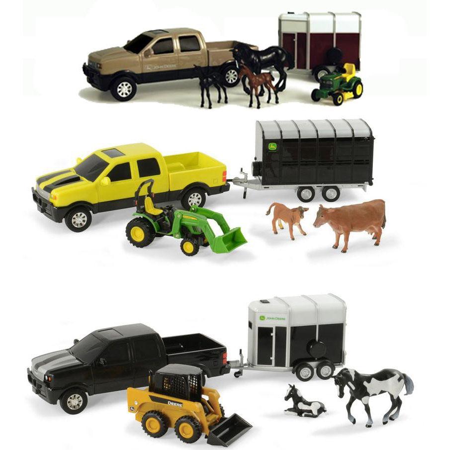 1:32 Scale Assorted Styles John Deere Pickup and Livestock Trailer Set