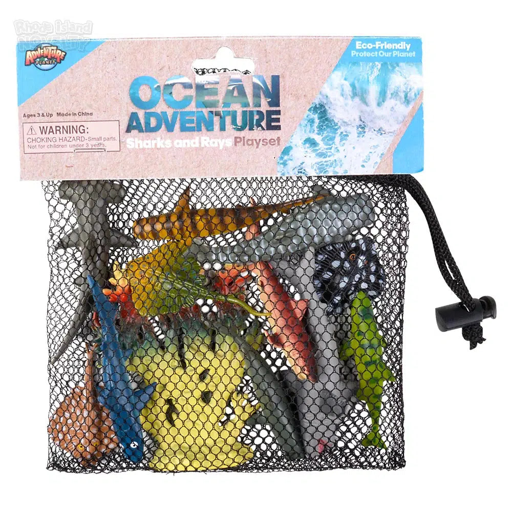 12-Piece Play Set of Shark and Ray Figurines in Mesh Bag
