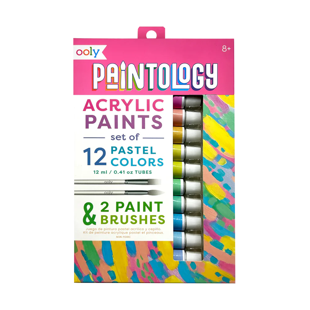 OOLY Paintology Pastel Acrylic Paints Set - 12 Tubes with 2 Brushes