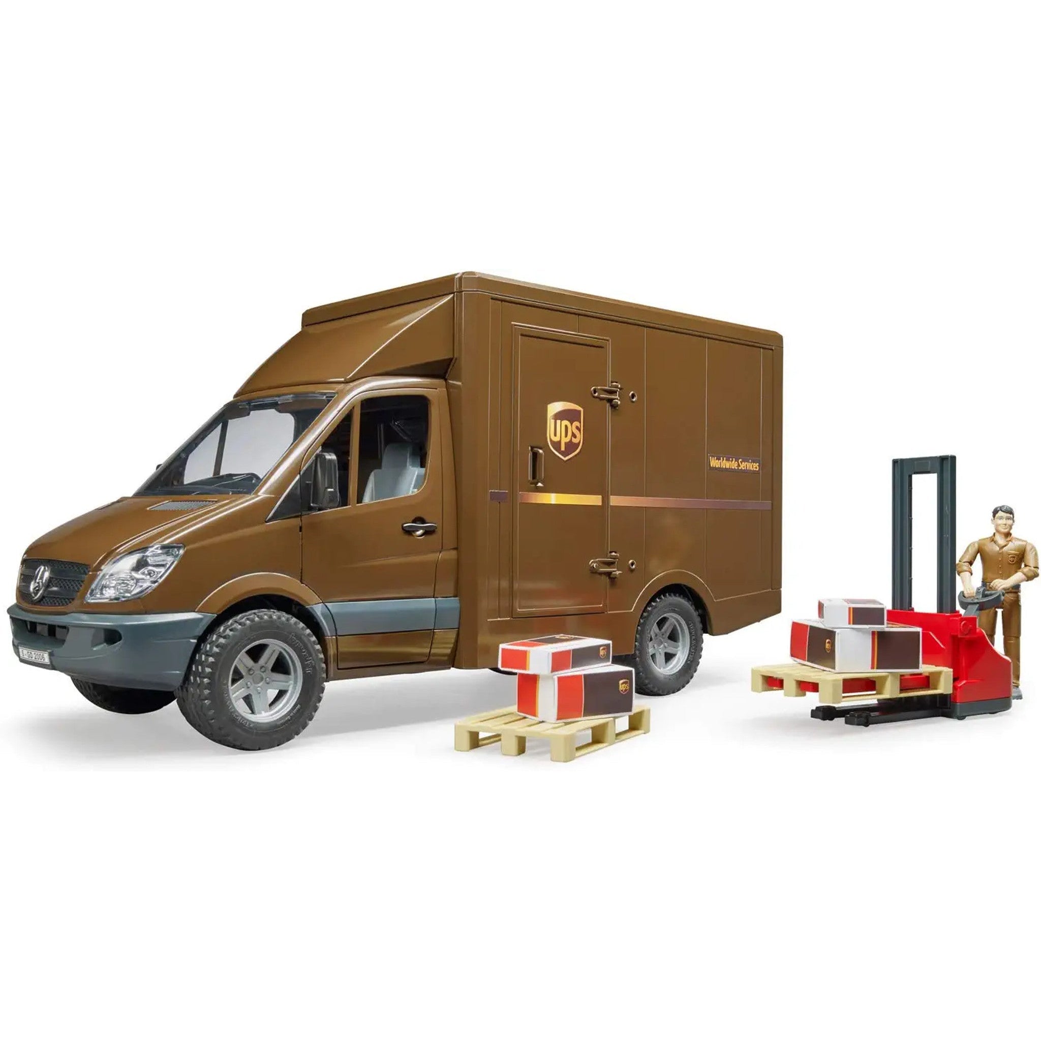 Mercedes-Benz Sprinter UPS Delivery Truck Set with Manually-Operated Pallet Jack and Accessories